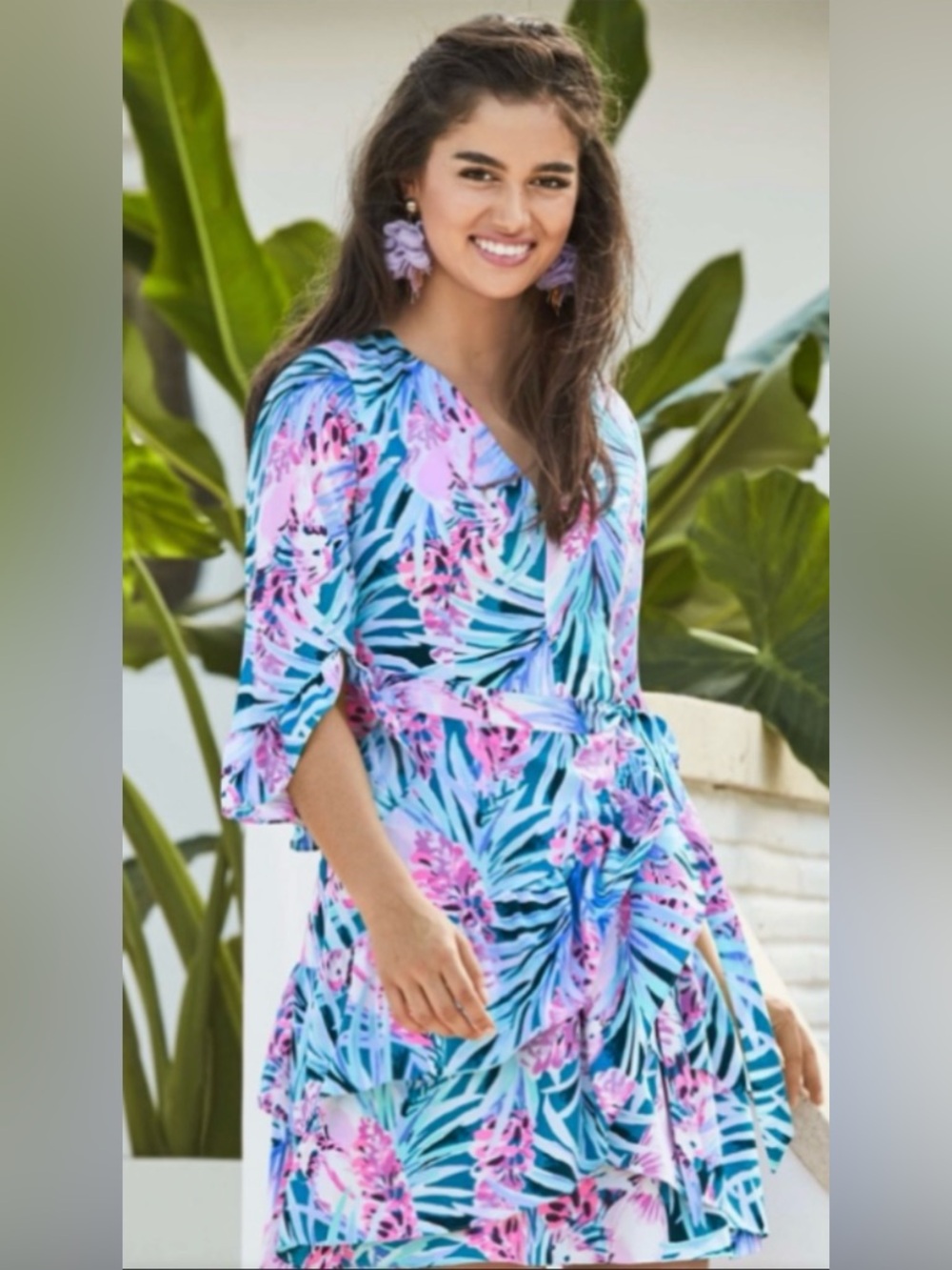 Lilly Pulitzer Blue and Pink Tropical Wrap Midi Dress NWT